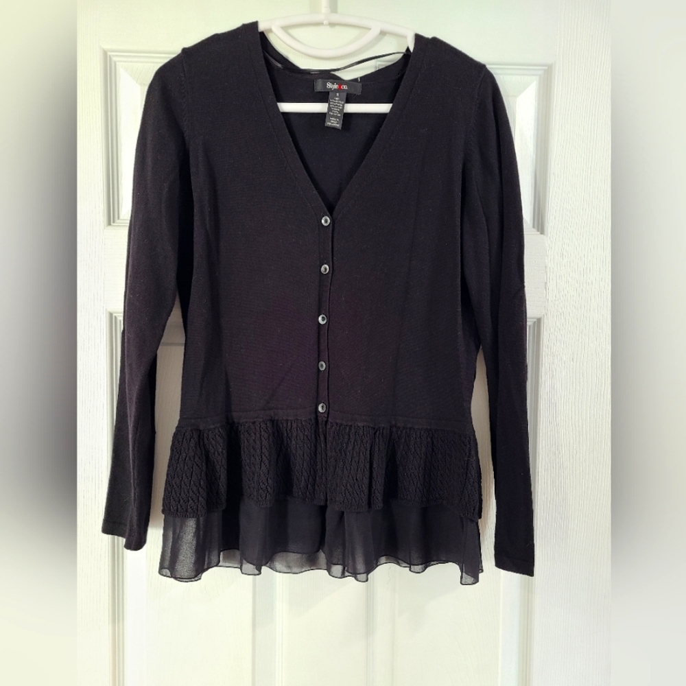 Style & Co Button Up V-neck Cardigan with Ruffle Trim size Small